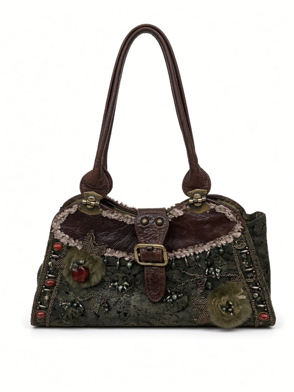 Vintage Mary Frances Handbag Brown Leather Green Beaded Mossy Fuzzy Embellished